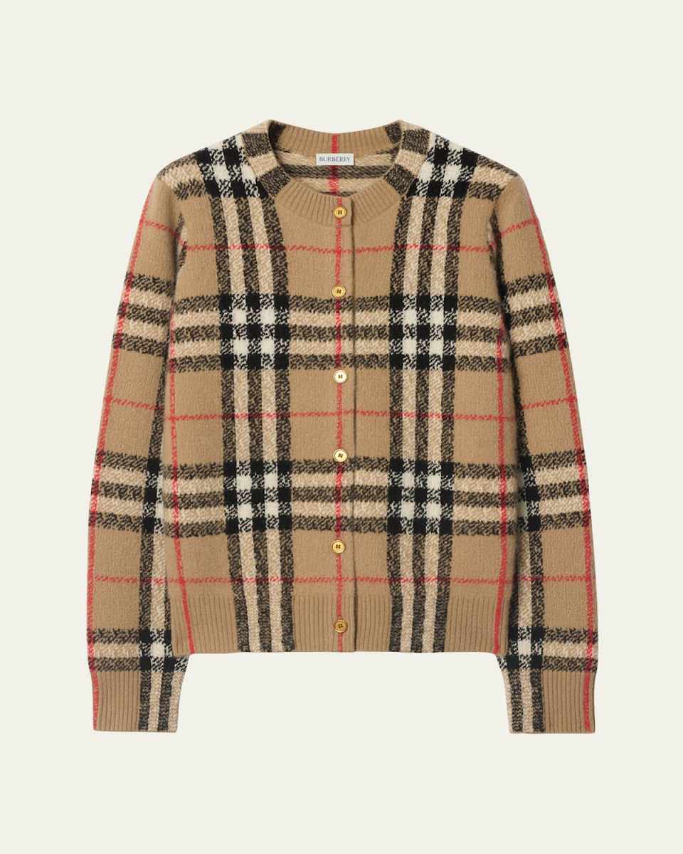 Clara Check Cashmere Crewneck Cardigan